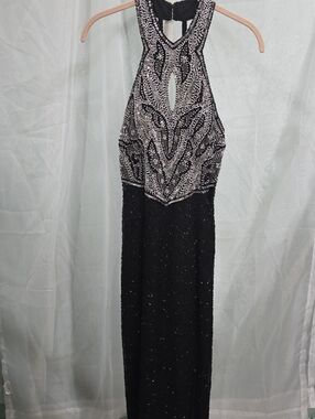 Vtg 90s Laurence Kazar Silk Beaded Halter Maxi Gown Art Deco - M/L (See Measurem